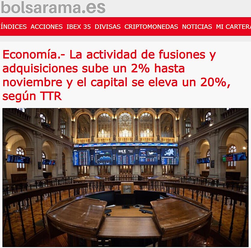 Economa.- La actividad de fusiones y adquisiciones sube un 2% hasta noviembre y el capital se eleva un 20%, segn TTR
